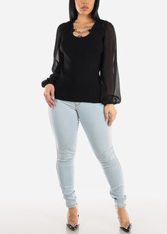 Black Rib Knit Long Sleeve Dressy Sweater Top w Chain Detail