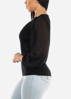 Black Rib Knit Long Sleeve Dressy Sweater Top w Chain Detail