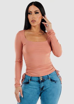 Long Sleeve Ribbed Top Peach w Adjustable Drawstring Sides