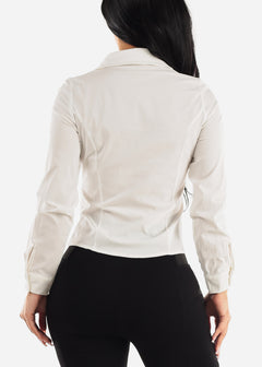 White Button Up Ruched Collared Stretchy Shirt