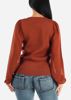 Rib Knit Long Sleeve Dressy Sweater Top Brown w Chain Detail