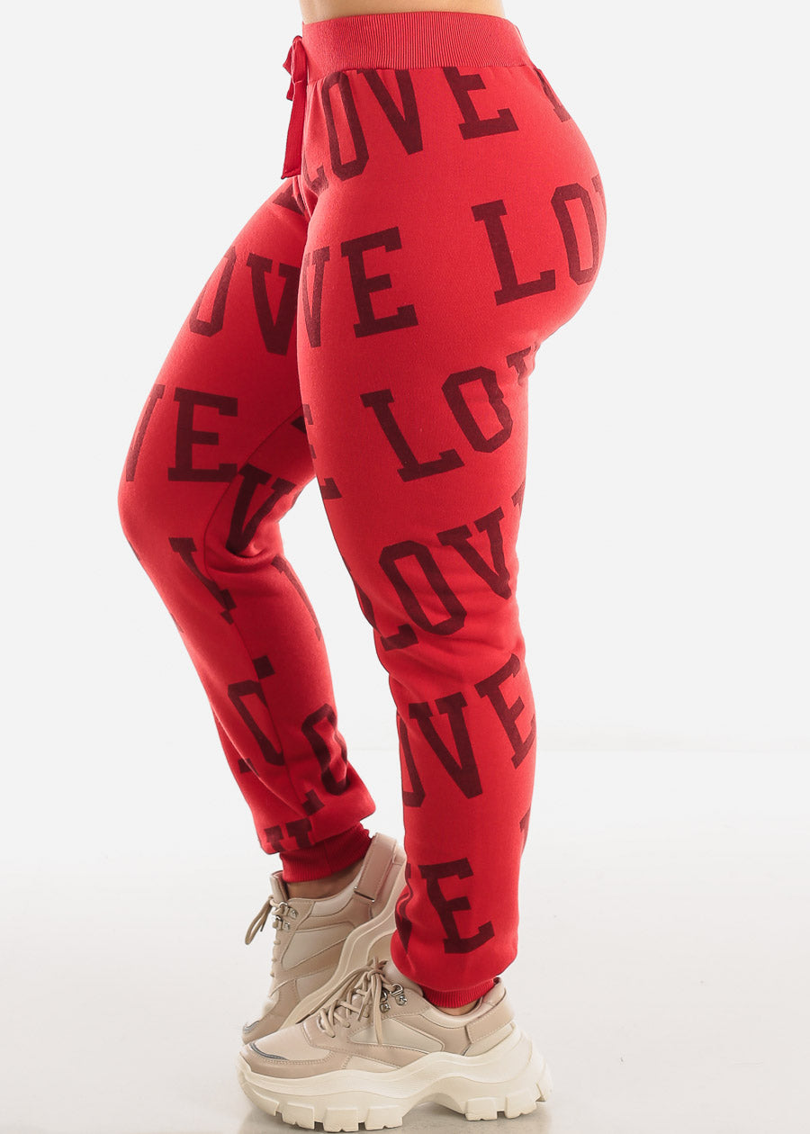 Fleece Drawstring Waist Jogger Sweatpants Red "Love"