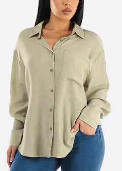 Long Sleeve Textured Button Down Shirt Light Olive