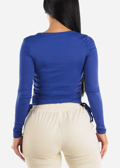 Square Neck Long Sleeve Ribbed Top Blue w Adjustable Drawstring Sides