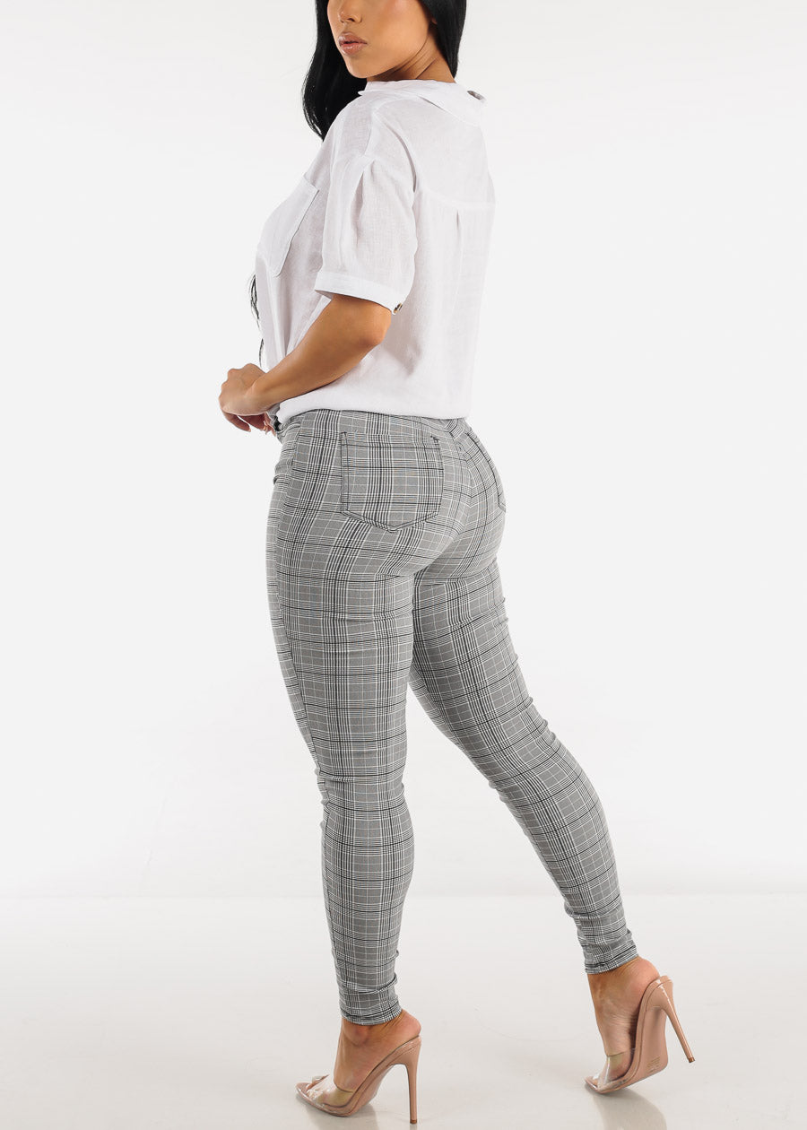 High Waisted Grey Checkered Skinny Pants