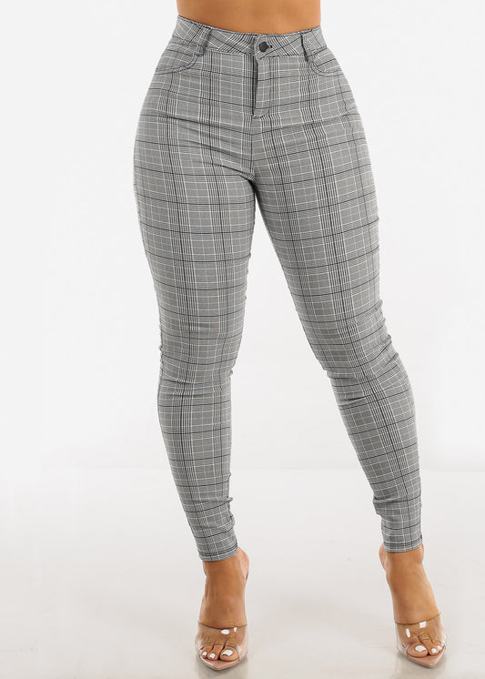 High Waisted Grey Checkered Skinny Pants