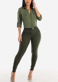 High Waisted Belted Dressy Skinny Pants Olive