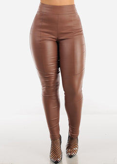 High Waisted Brown Pleather Skinny Pants