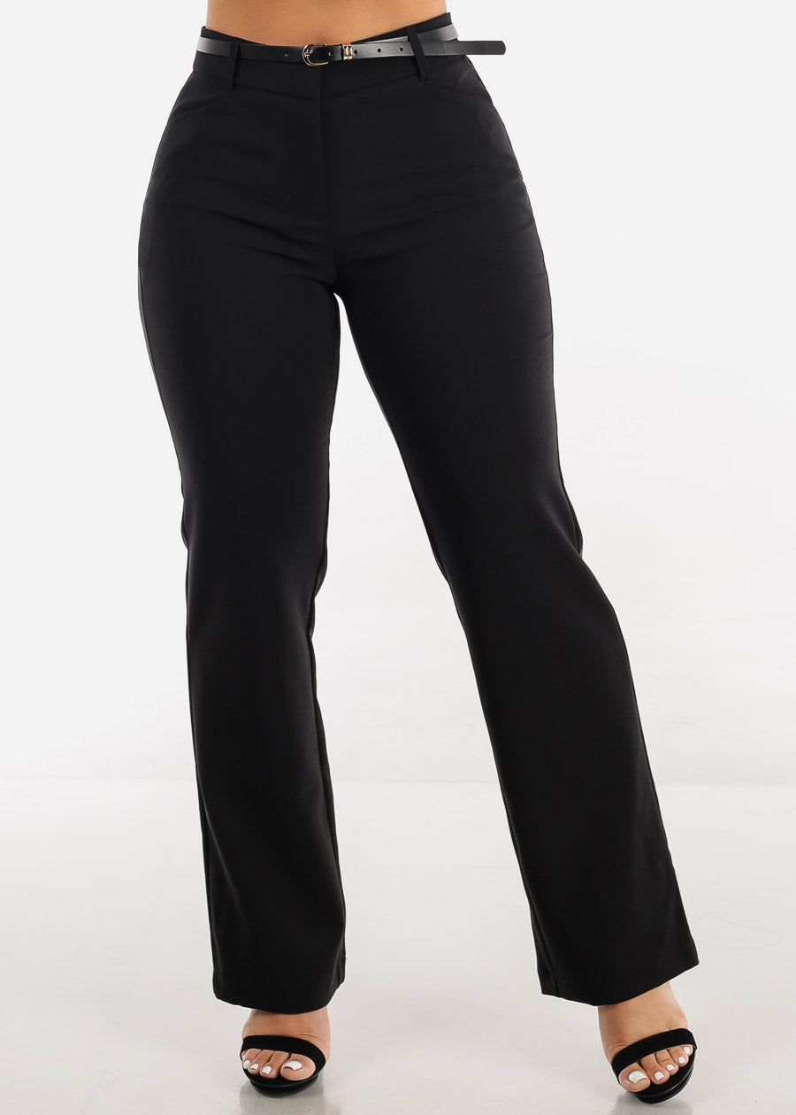 Black High Waist Bootcut Dress Pants w Belt