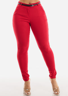 Red High Waisted Belted Dressy Skinny Pants