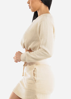 Quilted Long Sleeve Cropped Sweatshirt Beige