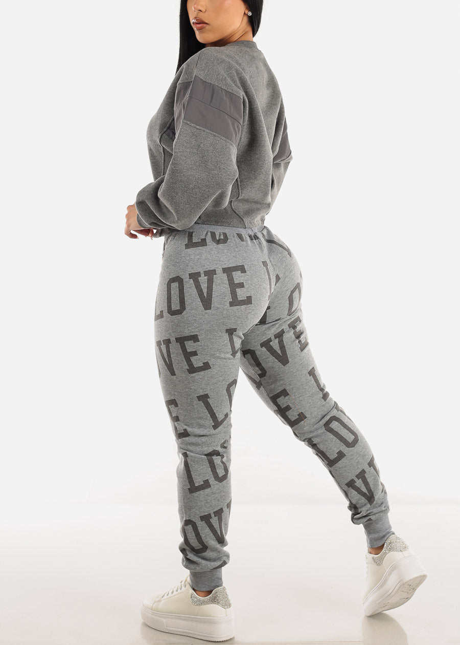 Fleece Drawstring Waist Jogger Sweatpants Grey "Love"