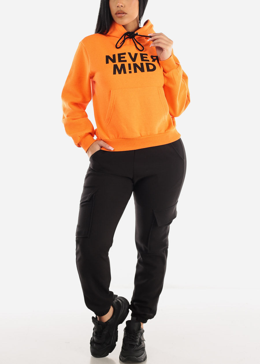 Fleece Graphic Print Pullover Hoodie "Never Mind" Neon Orange
