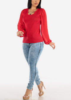 Rib Knit Long Sleeve Dressy Sweater Top Red w Chain Detail