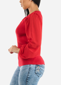 Rib Knit Long Sleeve Dressy Sweater Top Red w Chain Detail