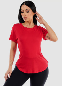 Cuffed Short Sleeve Round Hem Oversized Top Red