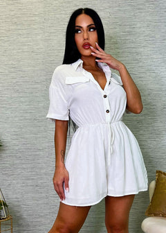 Short Sleeve Button Up Romper White