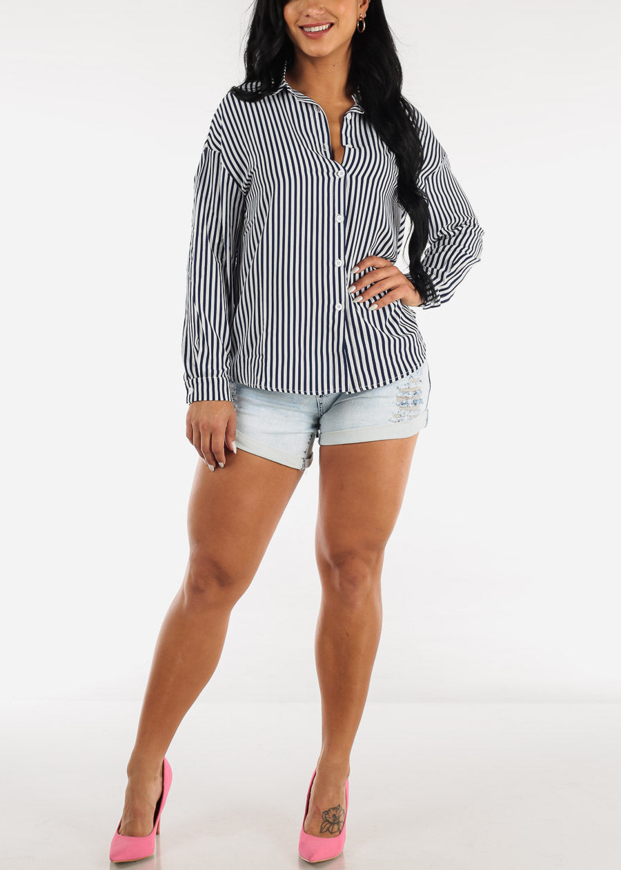 Long Sleeve Button Up Navy Stripe Tunic Top