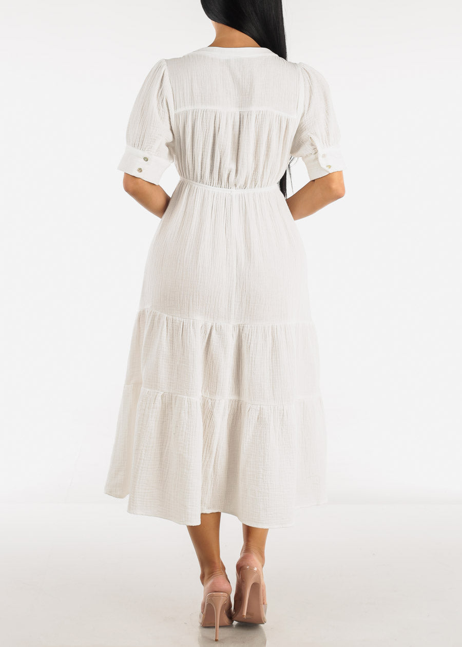 Short Sleeve Tiered Cotton Midi Dress