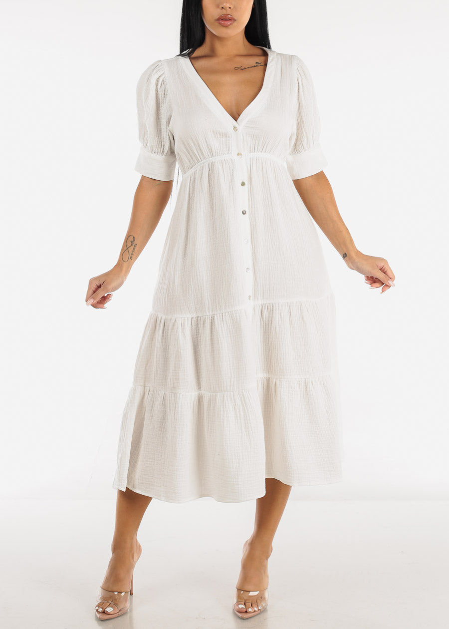 Short Sleeve Tiered Cotton Midi Dress