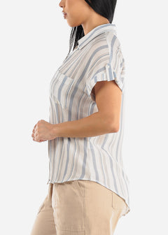 Stripe Button Up Short Sleeve Shirt Blue