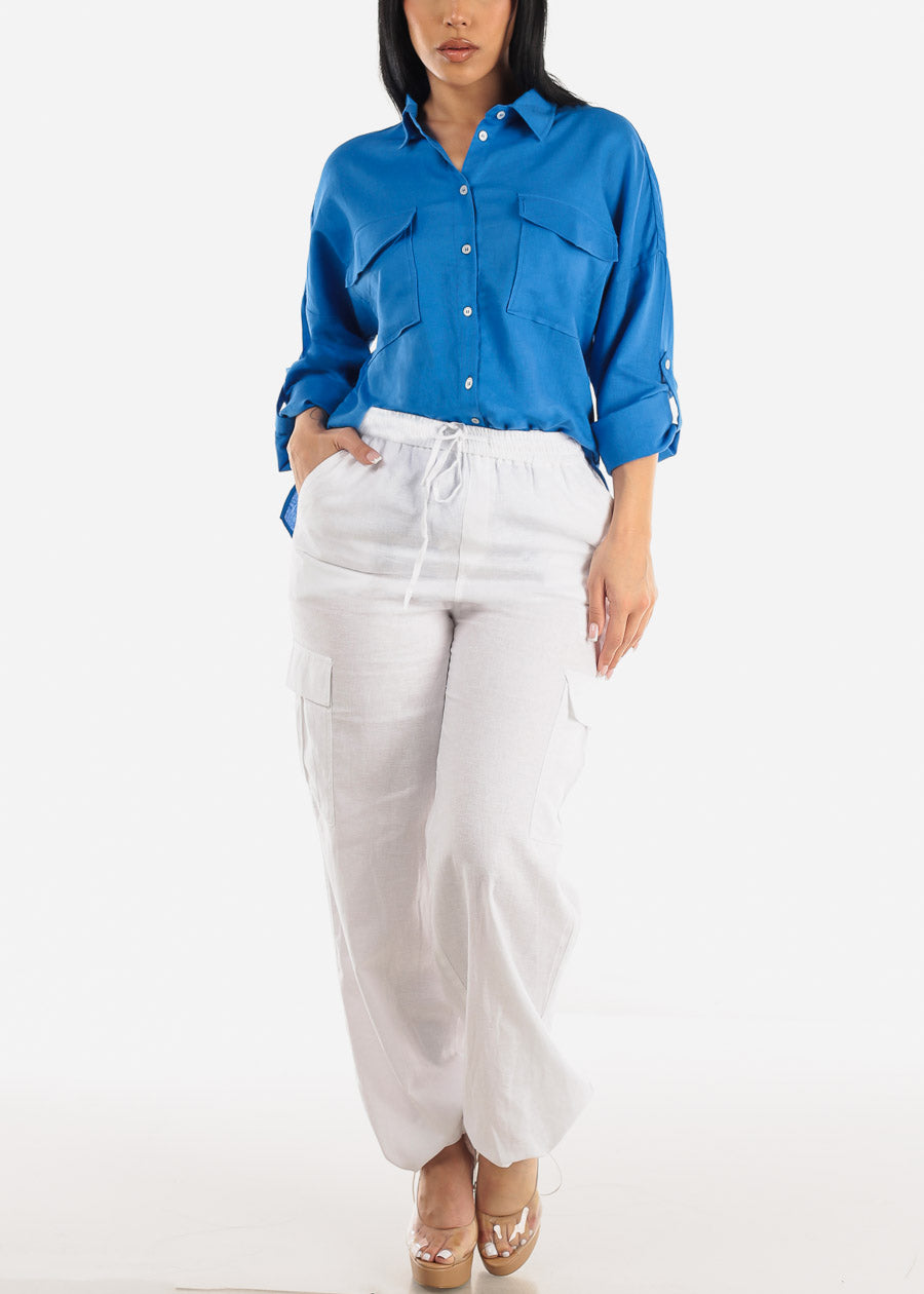 Blue Linen Oversized Button Down Shirt