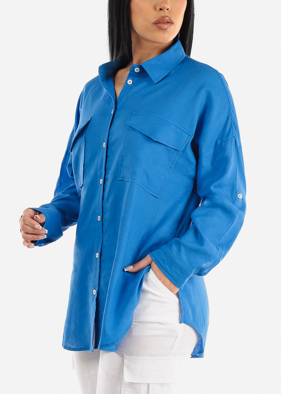 Blue Linen Oversized Button Down Shirt