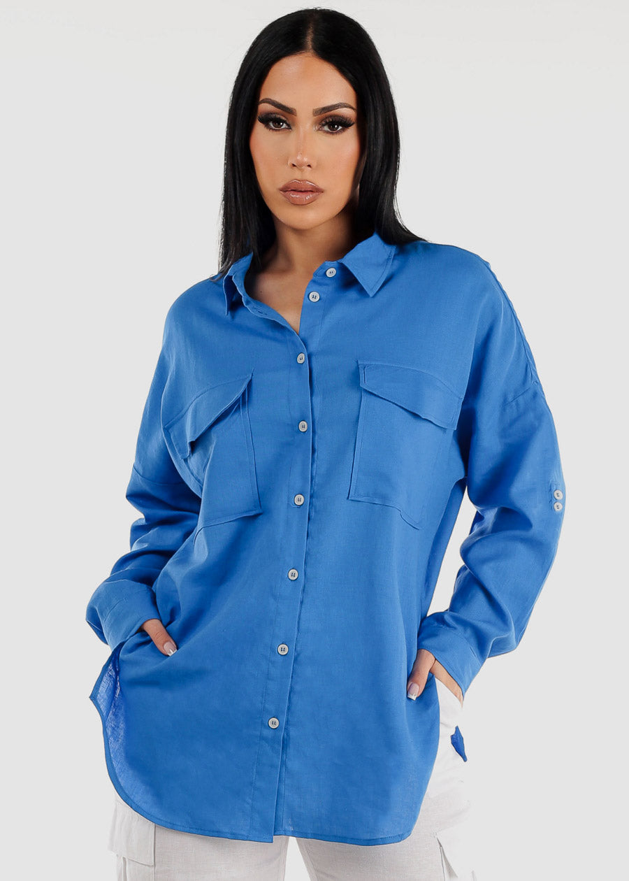 Blue Linen Oversized Button Down Shirt
