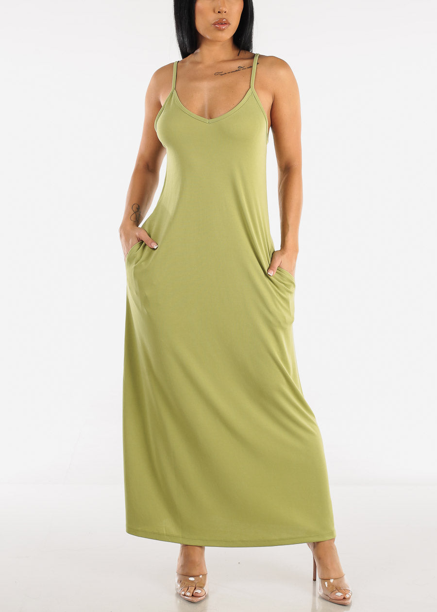 Sleeveless Cami Maxi Dress Light Olive w Pockets