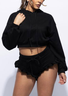 Black Long Sleeve Cropped Hoodie & Ruffle Shorts (2 PCE SET)