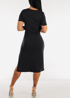 Black V Neck Split Hem Solid Tee Midi Dress