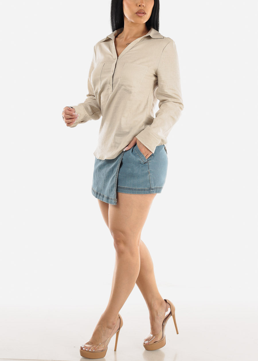 Beige Linen Long Sleeve Half Button Up Shirt