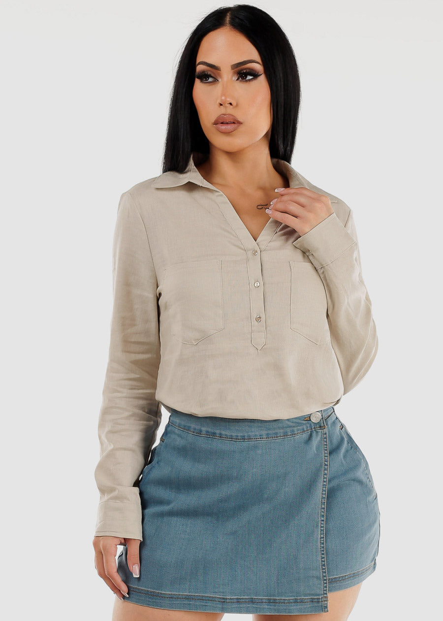 Beige Linen Long Sleeve Half Button Up Shirt