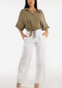 Front Tie Button Up Cropped Shirt Olive