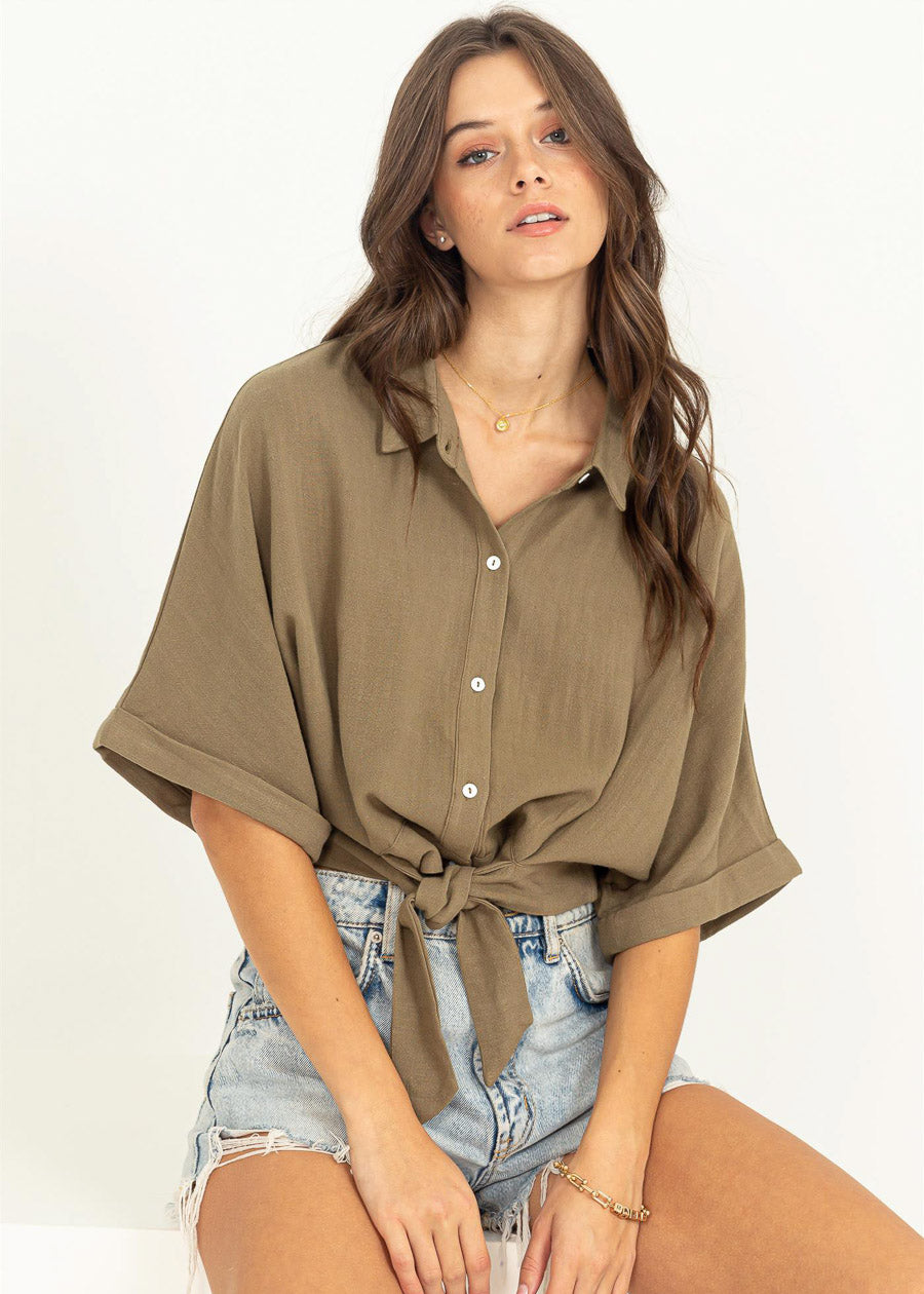 Front Tie Button Up Cropped Shirt Olive