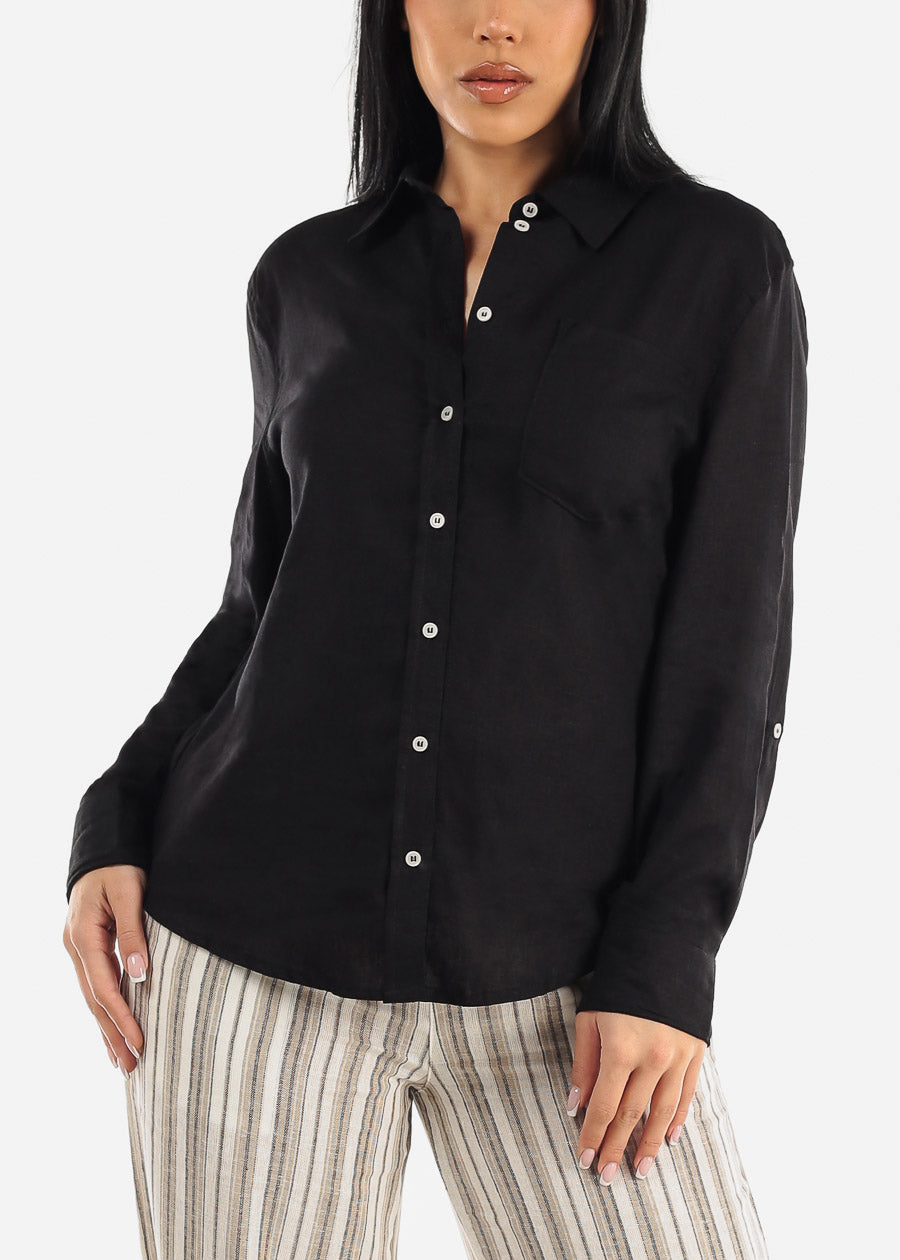 Black Linen Long Sleeve Button Up Shirt