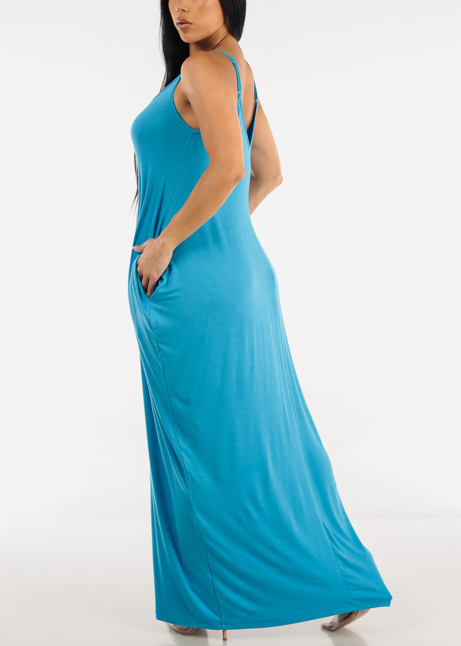 Sleeveless Harem Maxi Dress Turquoise w Pockets