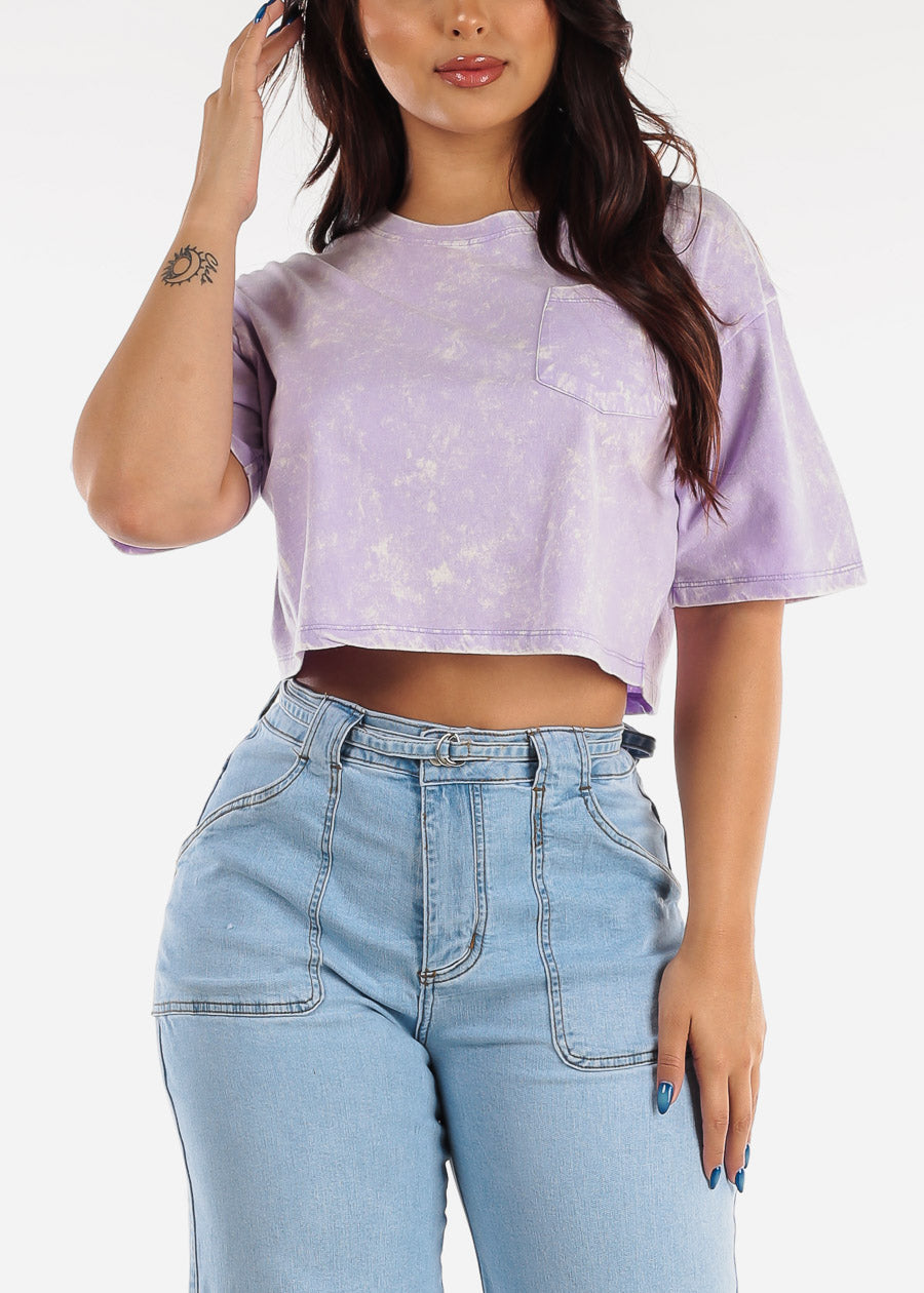 Loose Short Sleeve Mineral Wash Cropped Tee Light Purple