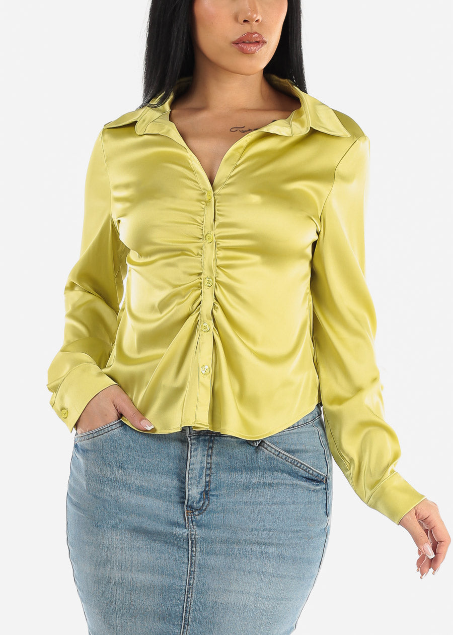 Satin Long Sleeve Button Up Ruched Shirt Lime
