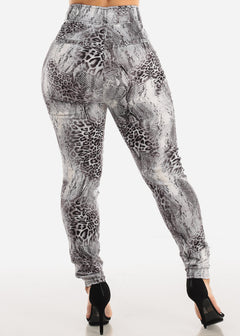 High Waist Animal Print Dressy Skinny Pants Grey
