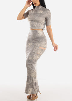 Printed Short Sleeve Crop Top & Cut Out Maxi Skirt (2 PCE SET)