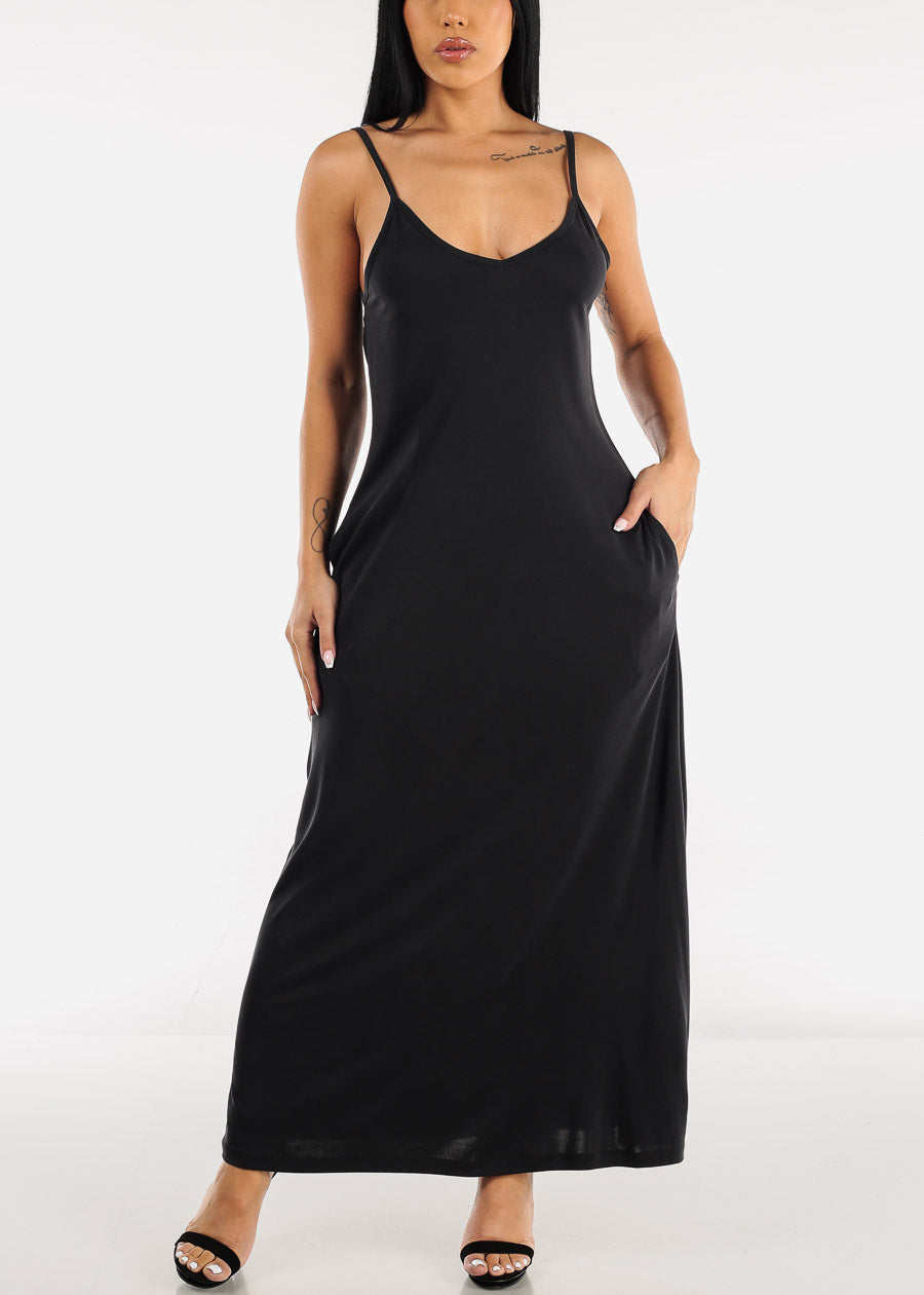 Sleeveless Cami Maxi Dress Black w Pockets