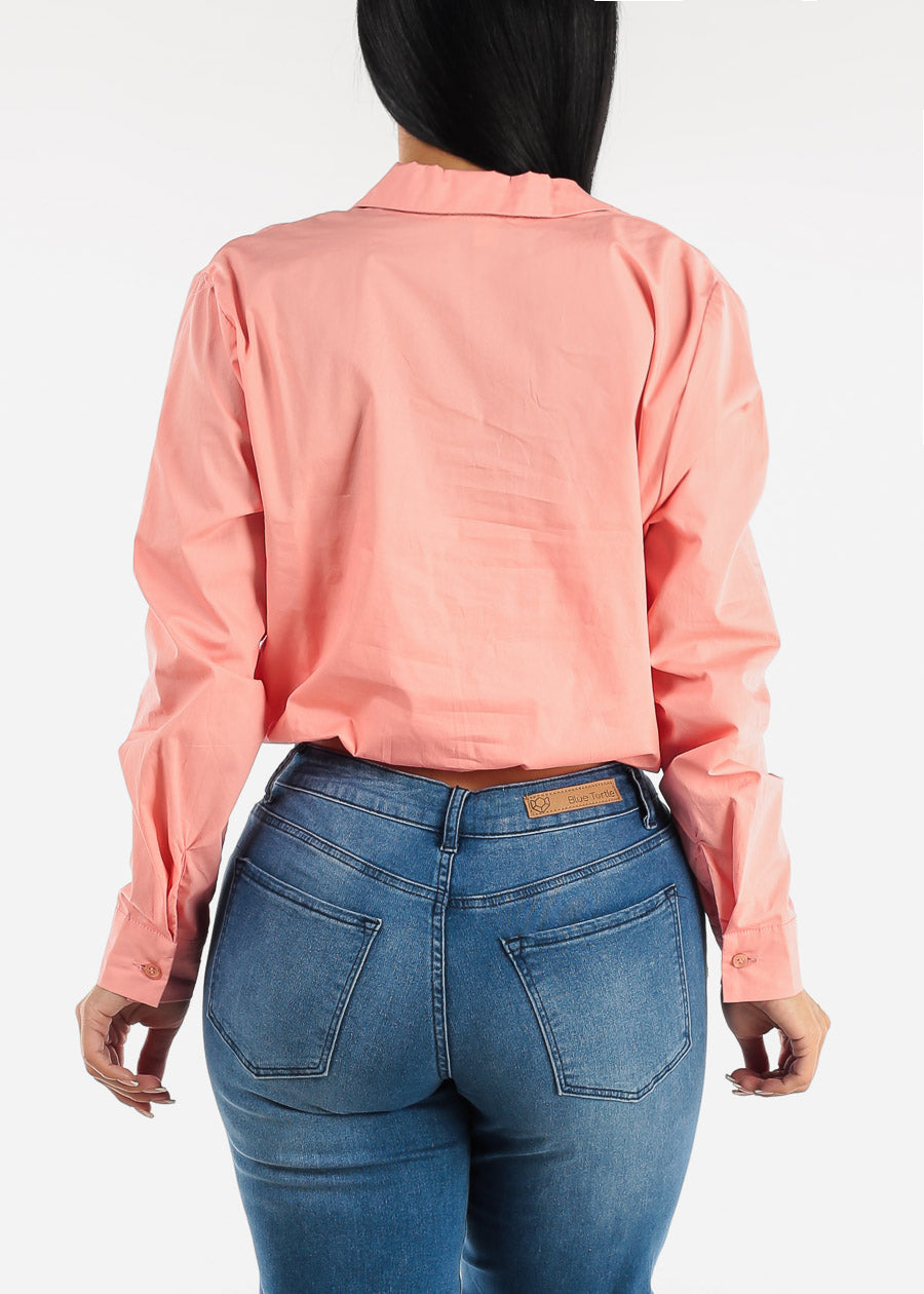 Long Sleeve Double Layer Collared Crop Top Blush