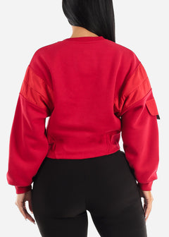 Long Sleeve Fleece Cargo Style Pullover Red
