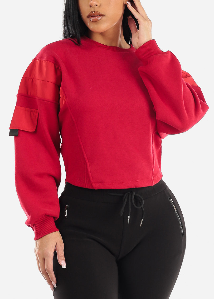 Long Sleeve Fleece Cargo Style Pullover Red