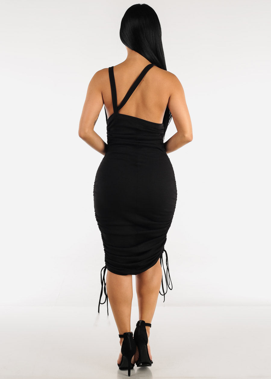 Black Sleeveless Ruched Drawstring Sides Midi Dress