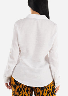 White Linen Long Sleeve Half Button Up Shirt
