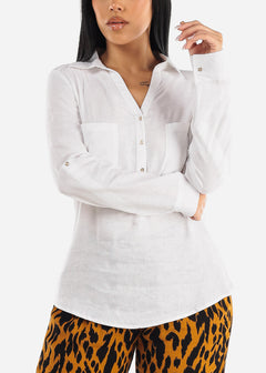 White Linen Long Sleeve Half Button Up Shirt