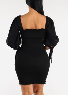 Quarter Sleeve Smocked Bodycon Mini Dress Black