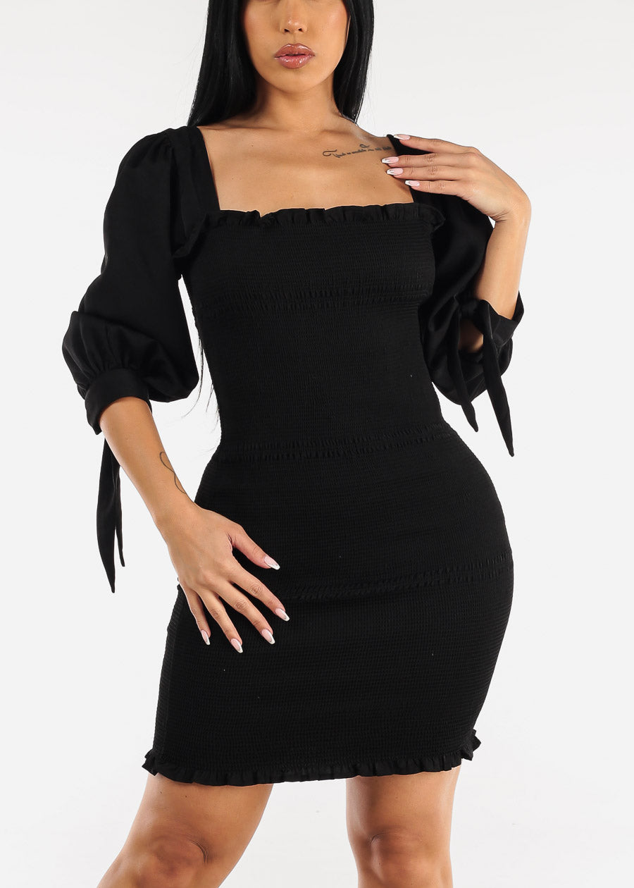 Quarter Sleeve Smocked Bodycon Mini Dress Black